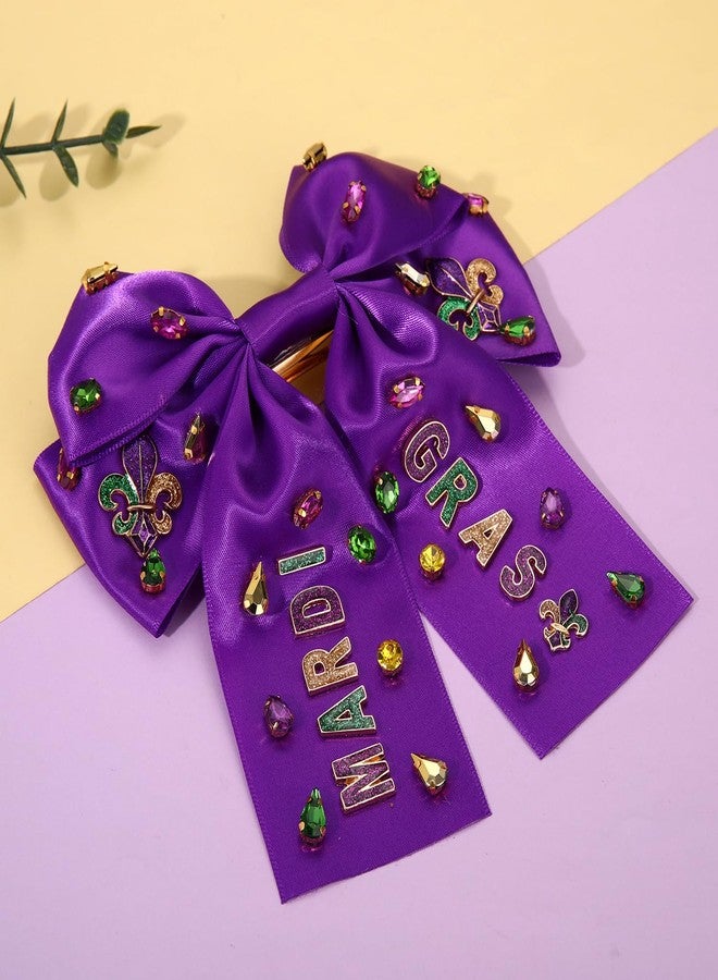 NVENF Mardi Gras Hair Bow Clips for Women Mask Fleur De Lis Hair Bows Jeweled Large Purple Hair Ribbon Bows Carnival Mardi Gras Accessories Outfits Parade Party Favors (Pattern A) - Image 5